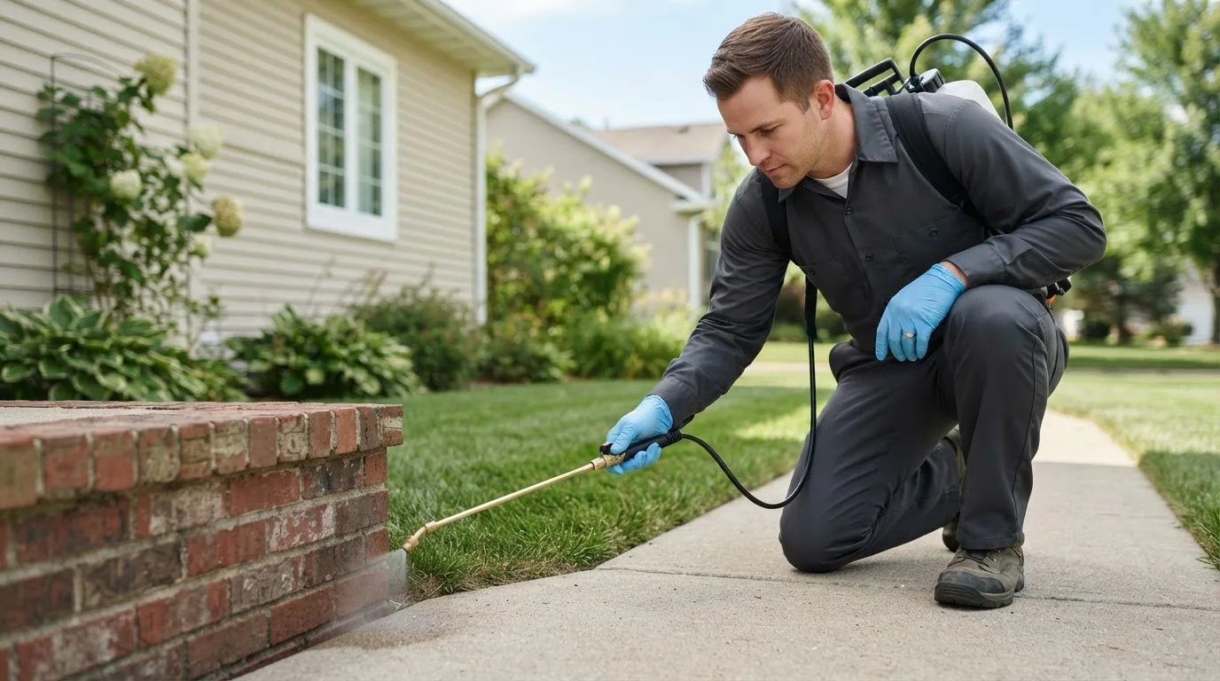 Pest control technician treating a home near Kingfisher, OK